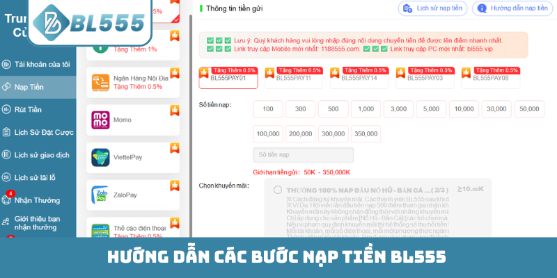 Hướng dẫn các bước nạp tiền BL555