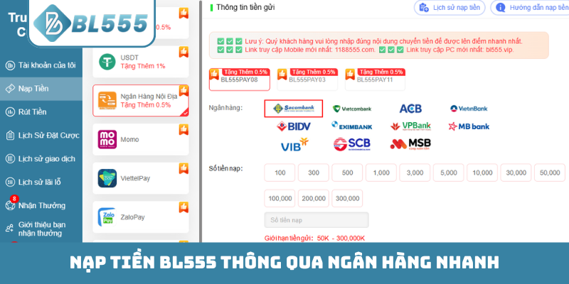 Nạp tiền BL555 thông qua ngân hàng nhanh